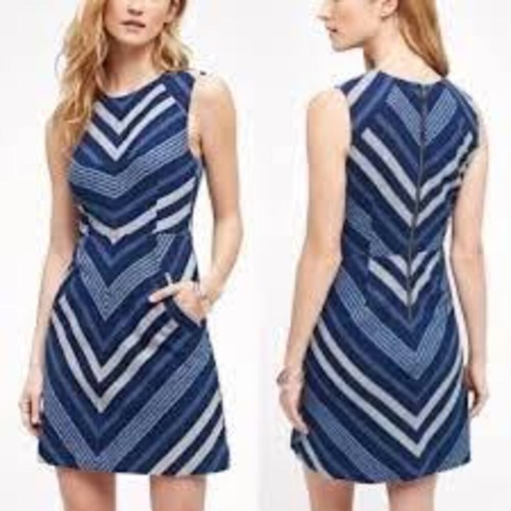 Anthropologie Maeve Antonia Blue Chevron Striped Cotton Dress - Size 4 Petite